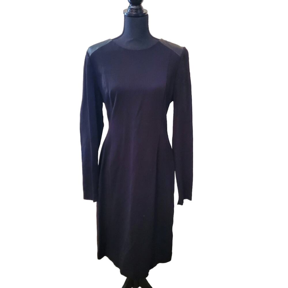 DKNY Size L Black Long Sleeve Sheath Dress Gold Zipper Faux Leather Shoulders